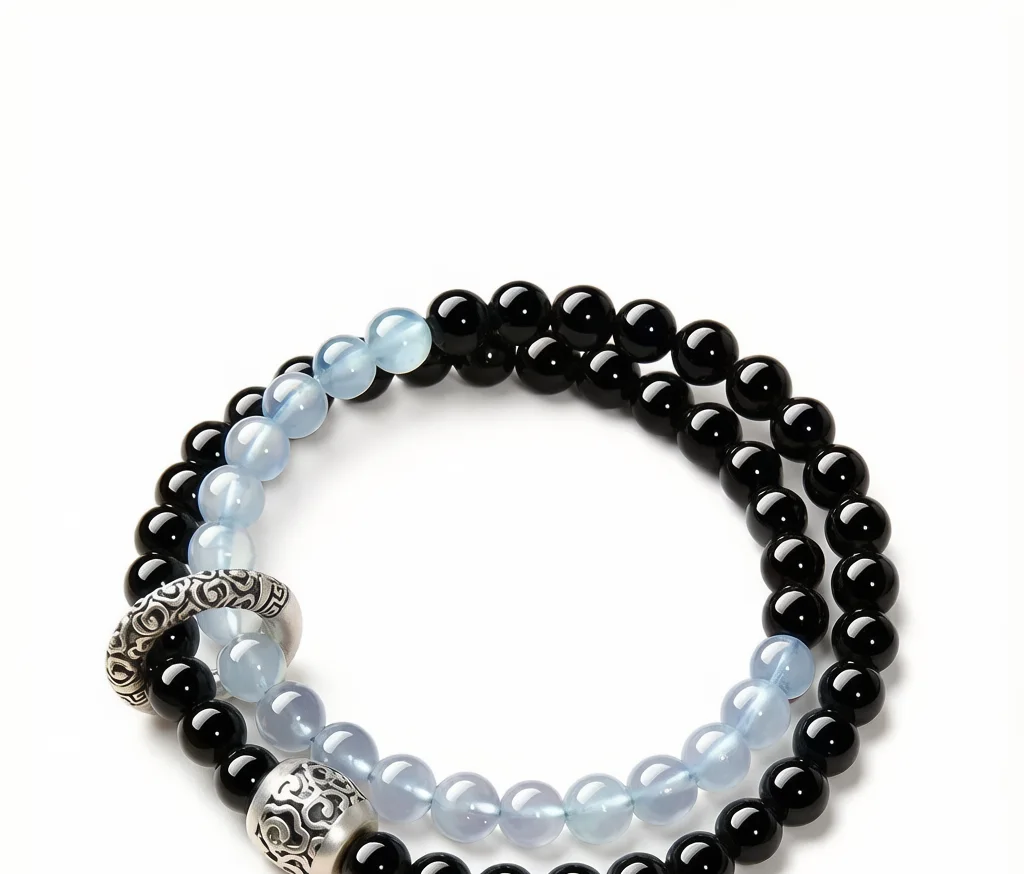 Obsidian & Blue-Chalcedony Hydrating Double Bracelet (For Her)