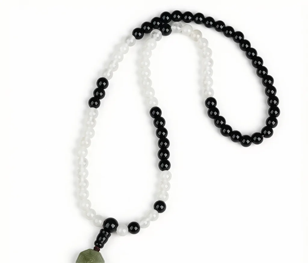 Taoist 81-Bead White-Chalcedony & Obsidian Bracelet