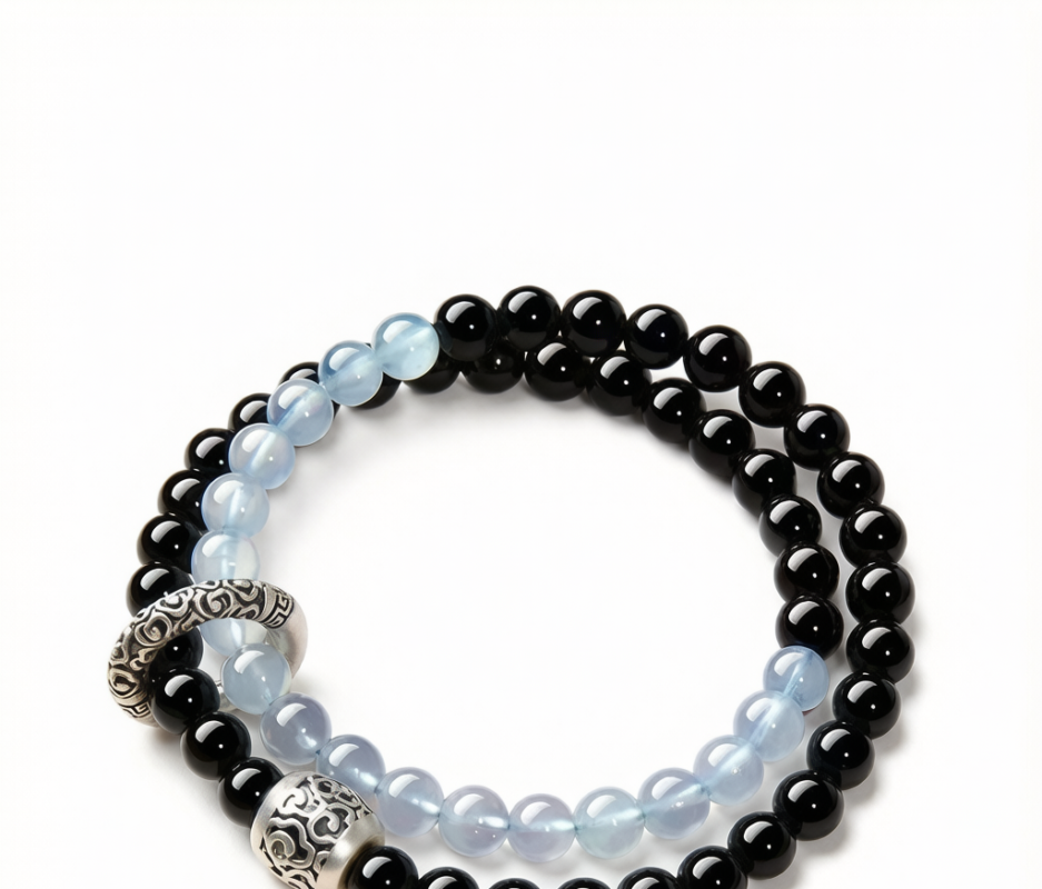黑曜石蓝玉髓双层补水手链（女款）- Obsidian & Blue-Chalcedony Hydrating Double Bracelet - 01 hero