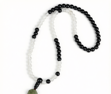 Taoist 81-Bead White Chalcedony and Obsidian Bracelet