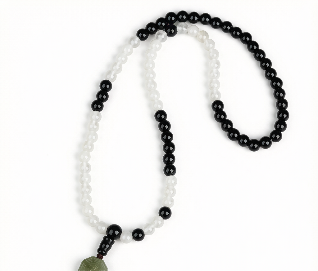 01_hero 道教81颗白玉髓黑曜石手链 - Taoist 81-Bead White-Chalcedony & Obsidian Bracelet - 01 hero