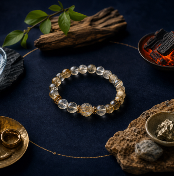 Five Elements materials arranged around a crystal bracelet on a midnight-blue surface