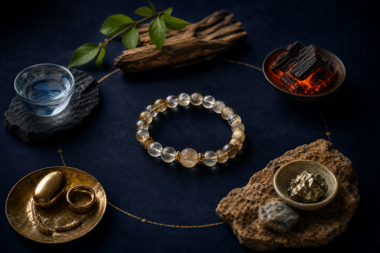 Five Elements materials arranged around a crystal bracelet