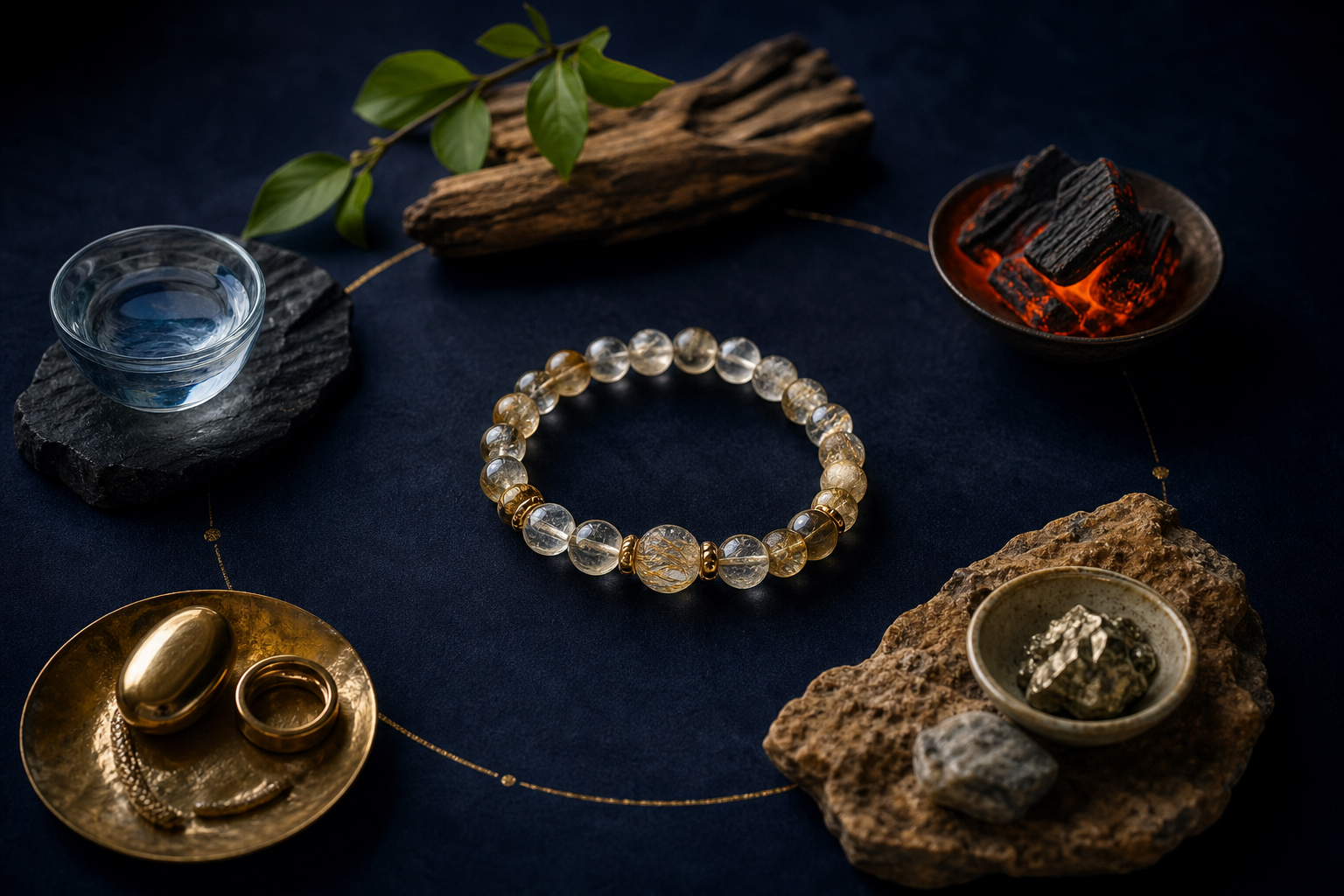 Five Elements materials arranged around a crystal bracelet on a midnight-blue surface