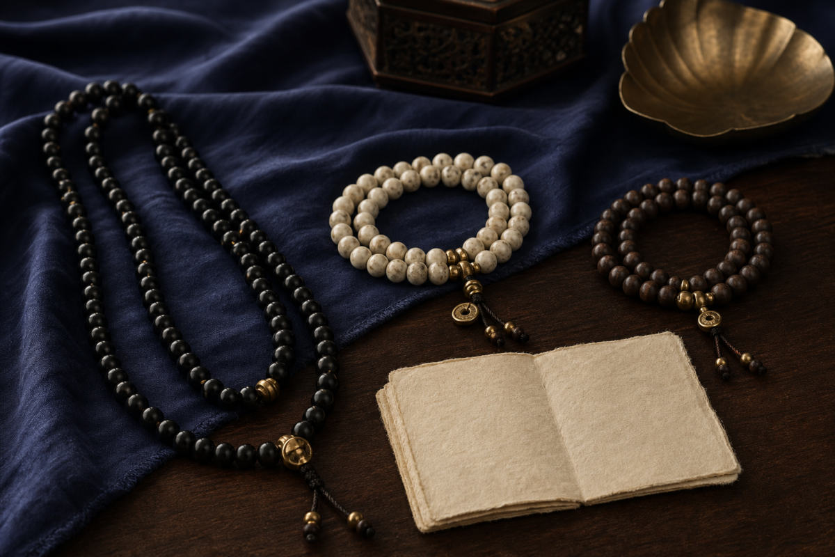 Three strands of dark, ivory, and wooden beads arranged on navy silk and walnut