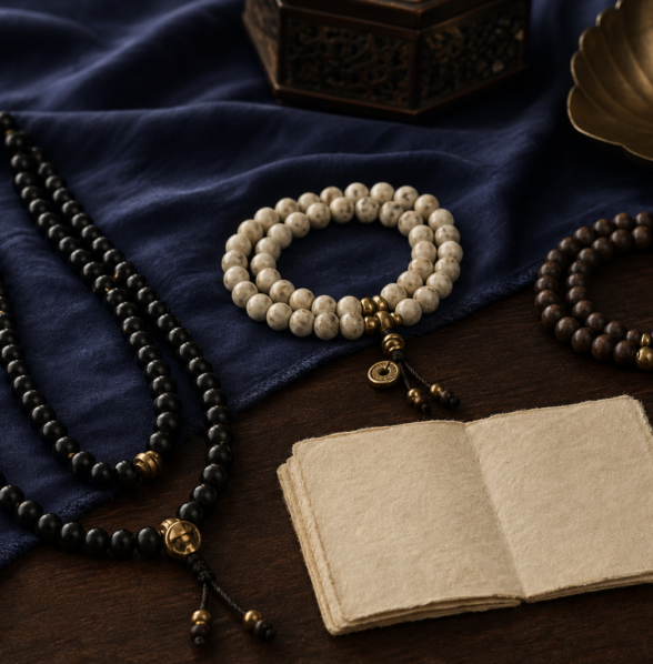 Three strands of dark, ivory, and wooden beads arranged on navy silk and walnut