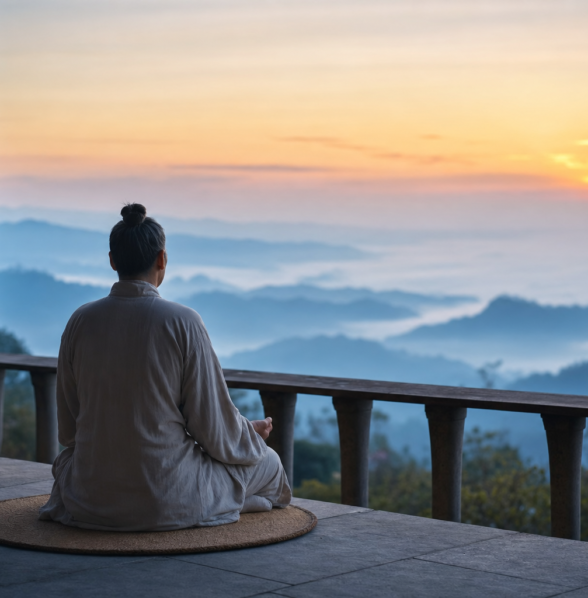 A quiet meditation practice in a mountain pavilion at sunrise