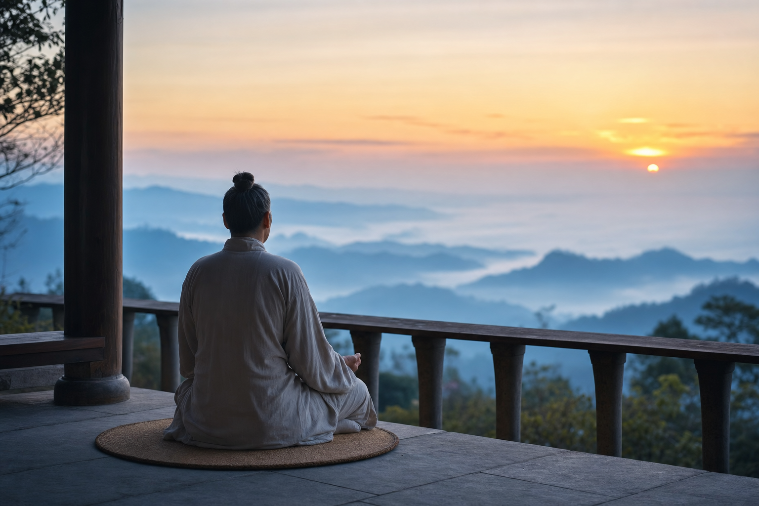 A quiet meditation practice in a mountain pavilion at sunrise